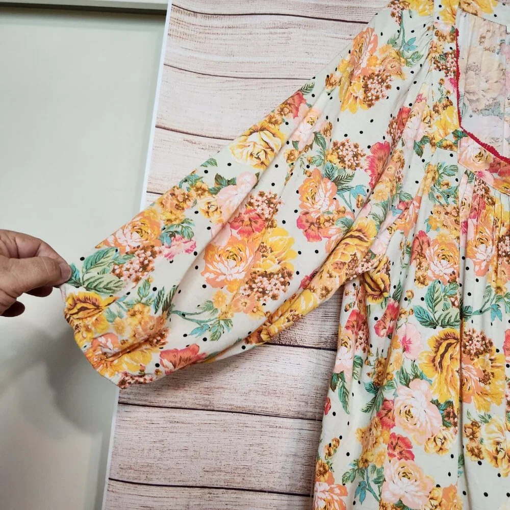 Anthropologie Fig & Flower Yellow Pink Linen Blend Floral Peasant Top Plus 3X - Picture 3 of 15